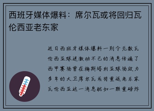 西班牙媒体爆料：席尔瓦或将回归瓦伦西亚老东家