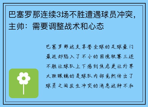 巴塞罗那连续3场不胜遭遇球员冲突，主帅：需要调整战术和心态