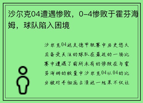 沙尔克04遭遇惨败，0-4惨败于霍芬海姆，球队陷入困境